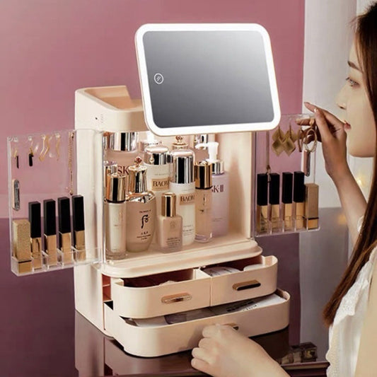 Mirror Integrated Light Desktop Large Capacity Lipstick Skin Care Products Cosmetics Storage Box