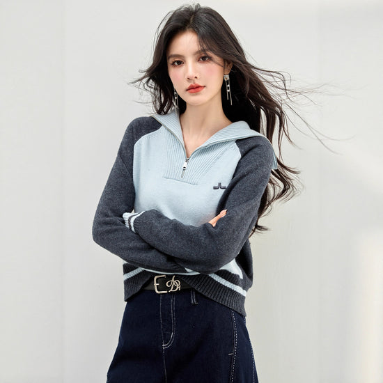 Fabbu Preppy Long Sleeve Half Zipper Crew Neck Knit Top