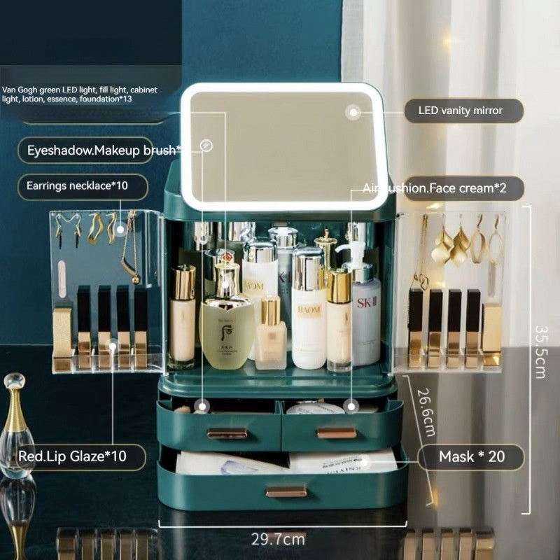 Mirror Integrated Light Desktop Large Capacity Lipstick Skin Care Products Cosmetics Storage Box