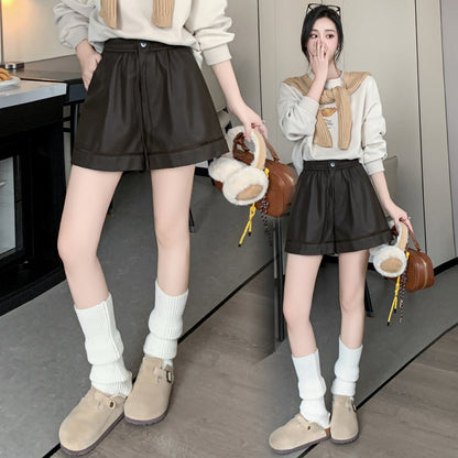 Fabbu Faux Leather Loose High-Waisted Wide-Leg Pants for Women, Elastic Waist, Bootcut Style, Winter Fashion, Casual Wear