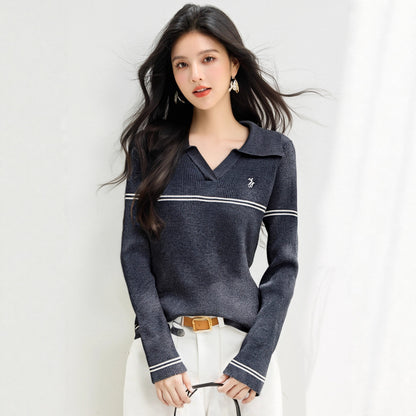 FabbuFInds - Preppy Girl Polo Neck Striped Knit Sweater