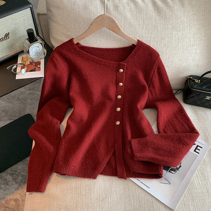 FABBU FALL Chic style Single-Row Metal Button Crewneck Long Sleeve