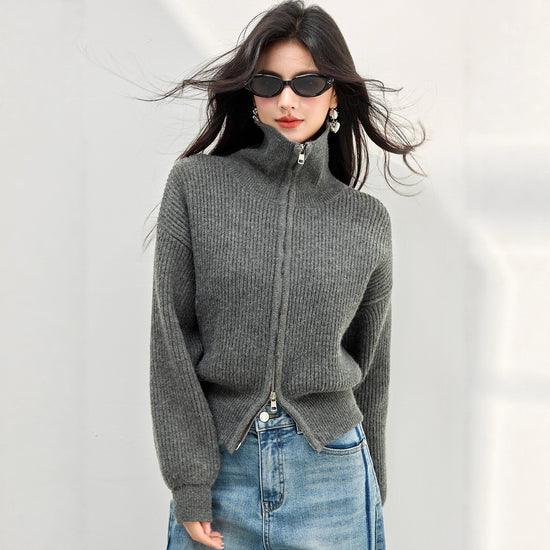 Chic High Neck Knit Sweater for Women with Double Zipper, Thickened Versatile Cardigan, Anorak Style Outwear