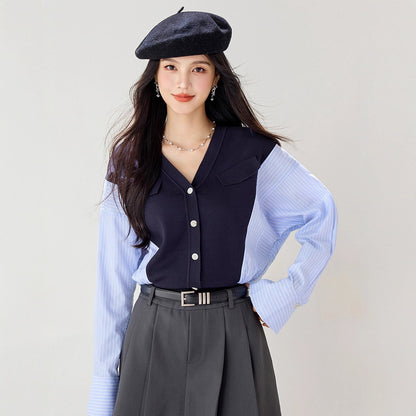 Preppy Girl Knitted Cardigan with Color-Blocking Stitching, Academic Style, Versatile Women