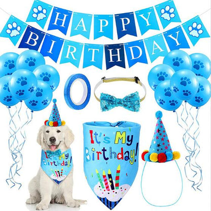 Pet Birthday Banner Pull Flag Birthday Hat Party Dog Paw Balloon Saliva Towel Bow Tie Pet Props