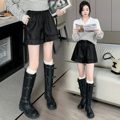 Fabbu Faux Leather Loose High-Waisted Wide-Leg Pants for Women, Elastic Waist, Bootcut Style, Winter Fashion, Casual Wear