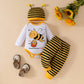 FABBU BEE Cute baby boy, baby girl, little bee pattern long sleeved triangular khaki striped pants+tentacle hat set
