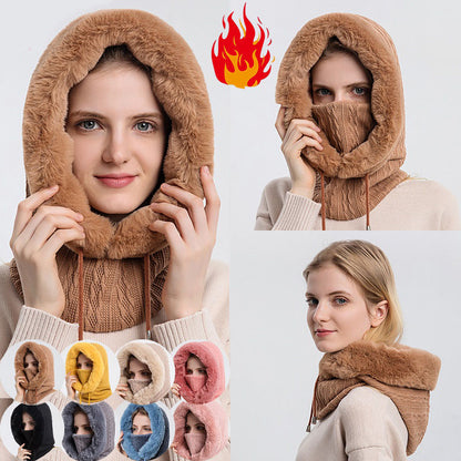 Winter Plush Hoodiewith Mask | Windproof & Warm Fur-Frame Knit Hat for Women