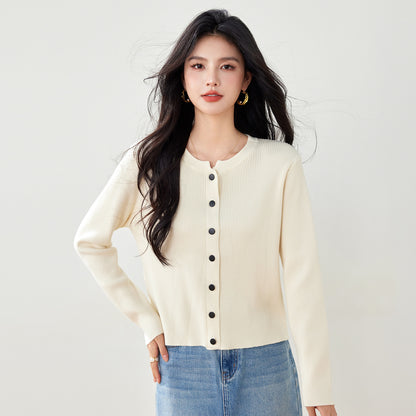 Style Autumn Knit Cardigan for Women, Versatile Short Sleeve Sweater Jacket, Long Sleeve Top