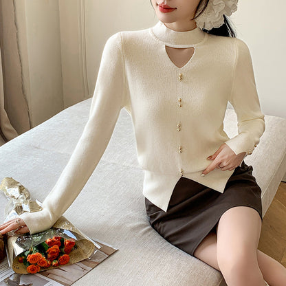 Fabbu Classy Knitted Sweater Hollow-out V-neck Pullover Top Elegant Beaded