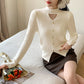 Fabbu Classy Knitted Sweater Hollow-out V-neck Pullover Top Elegant Beaded