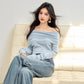 Blue One-Shoulder Top for Women Autumn Elegant Knit Sweater with Unique Design, Off-the-Shoulder Style, Shoulder-Baring, Collarbone Showcasing