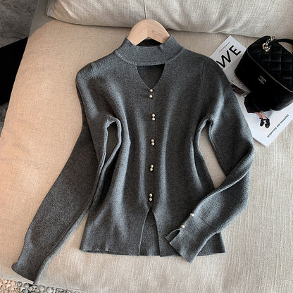 Fabbu Classy Knitted Sweater Hollow-out V-neck Pullover Top Elegant Beaded