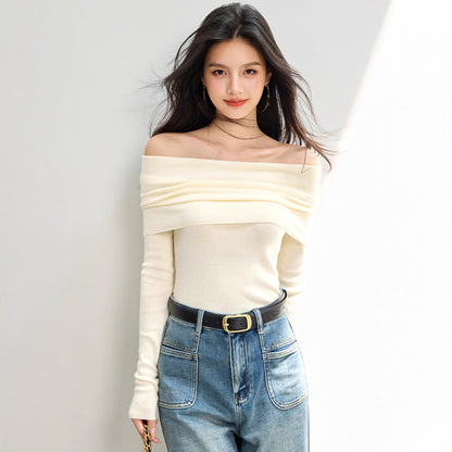 Blue One-Shoulder Top for Women Autumn Elegant Knit Sweater with Unique Design, Off-the-Shoulder Style, Shoulder-Baring, Collarbone Showcasing