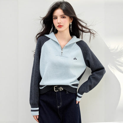 Fabbu Preppy Long Sleeve Half Zipper Crew Neck Knit Top