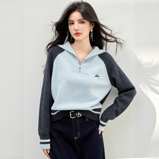 Fabbu Preppy Long Sleeve Half Zipper Crew Neck Knit Top