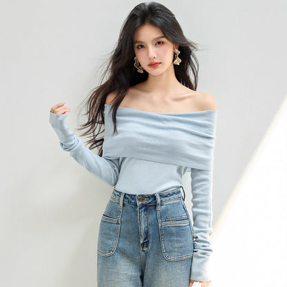 Blue One-Shoulder Top for Women Autumn Elegant Knit Sweater with Unique Design, Off-the-Shoulder Style, Shoulder-Baring, Collarbone Showcasing