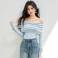 Blue One-Shoulder Top for Women Autumn Elegant Knit Sweater with Unique Design, Off-the-Shoulder Style, Shoulder-Baring, Collarbone Showcasing