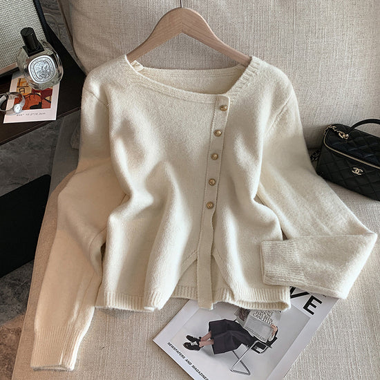 FABBU FALL Chic style Single-Row Metal Button Crewneck Long Sleeve