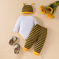 FABBU BEE Cute baby boy, baby girl, little bee pattern long sleeved triangular khaki striped pants+tentacle hat set