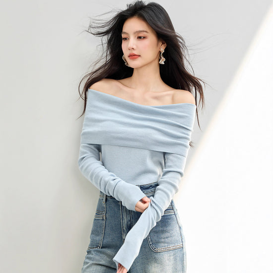 Blue One-Shoulder Top for Women Autumn Elegant Knit Sweater with Unique Design, Off-the-Shoulder Style, Shoulder-Baring, Collarbone Showcasing