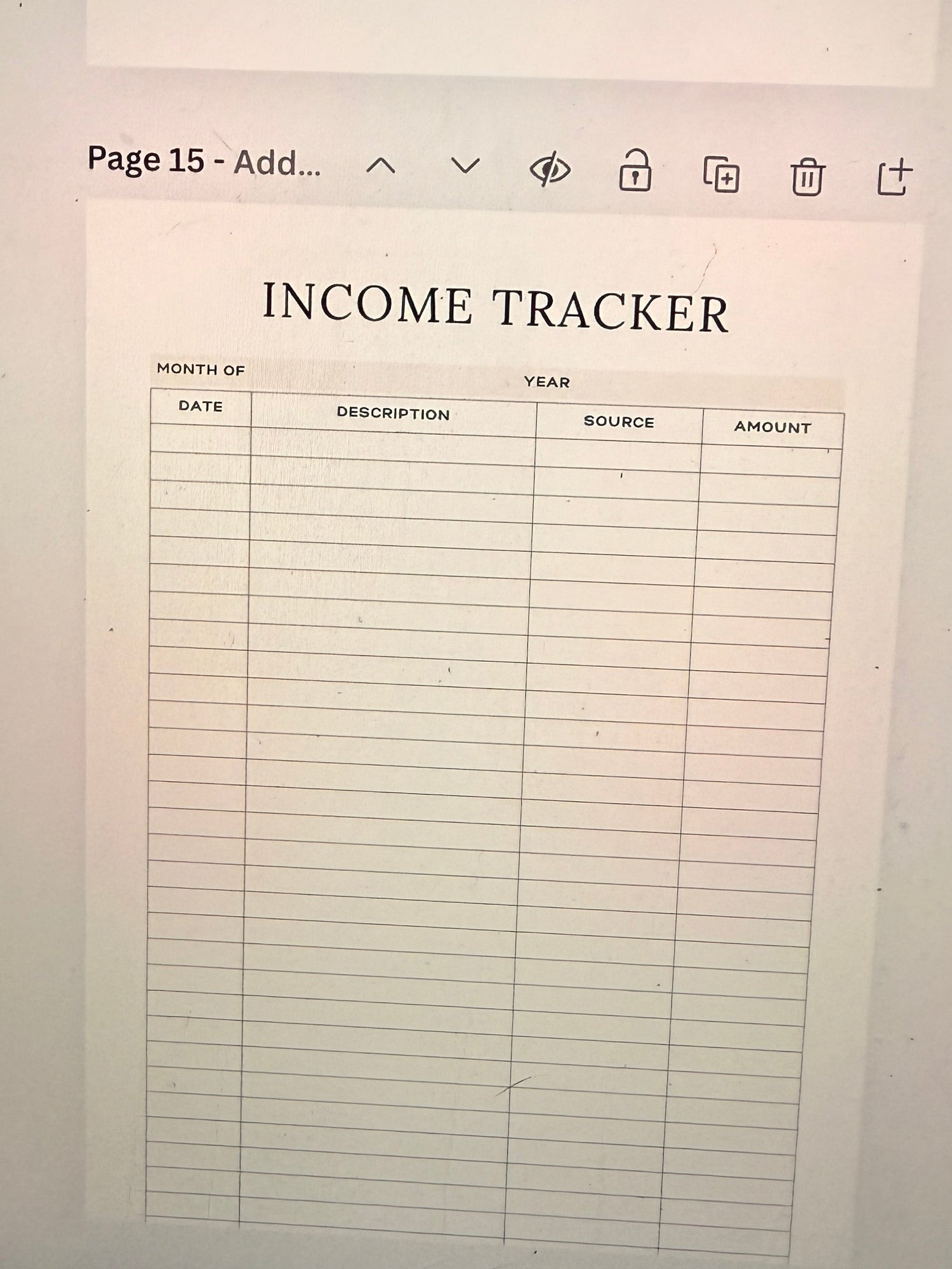 income tracker page from Life planner