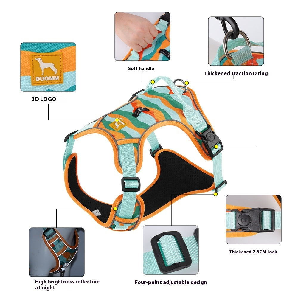 dog harness that is soft and breathable  orange turquoise mix colot- reflective lining  to see better at night- soft handle  between shoulders to quicly pick up dog . four point adjustable design