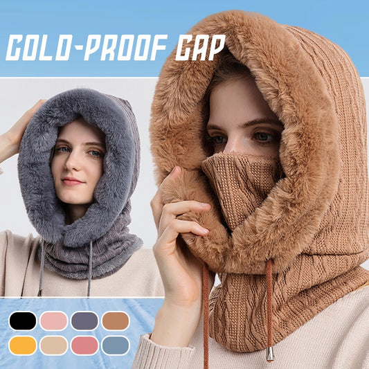 Winter Plush Hoodiewith Mask | Windproof & Warm Fur-Frame Knit Hat for Women