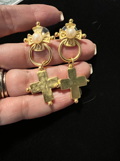 Vintage 1980-90s Matt Gold Cross Pierced Earrings