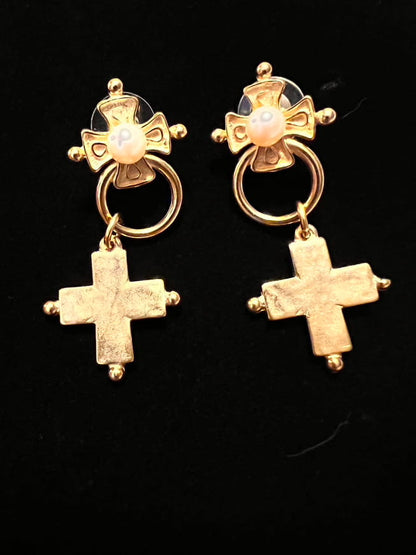 Vintage 1980-90s Matt Gold Cross Pierced Earrings