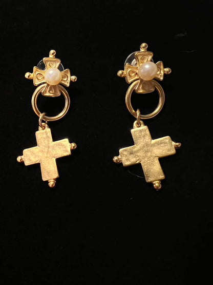 Vintage 1980-90s Matt Gold Cross Pierced Earrings